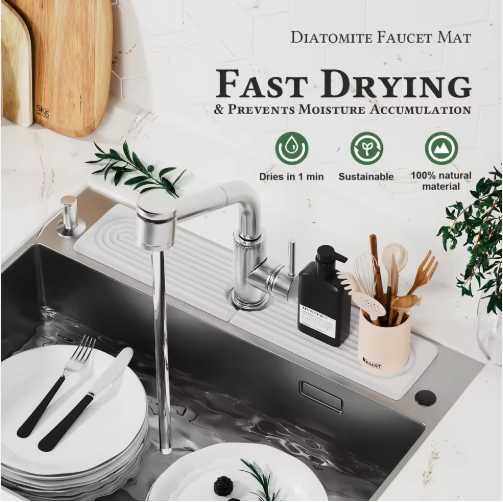 Quick-Dry Diatomaceous Stone Sink Tray, 7.87 x 4 in White Countertop Organizer