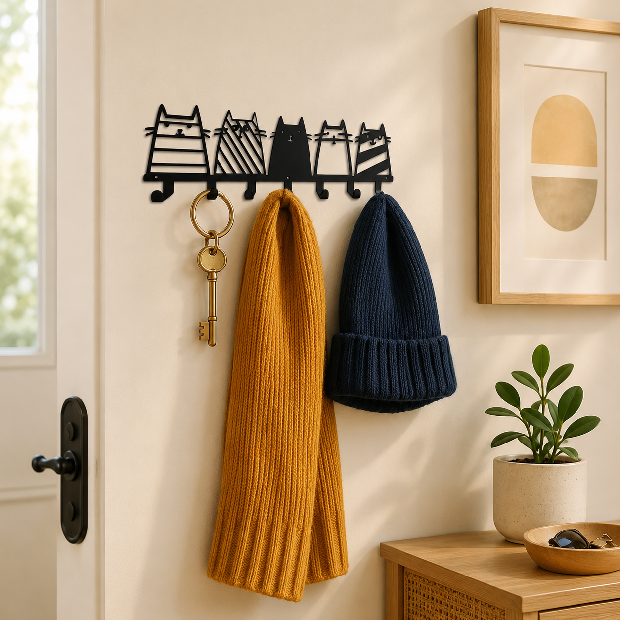 Cat Silhouette Wall Key Holder – Decorative Entryway Hooks for Keys, Leashes & Small Accessories