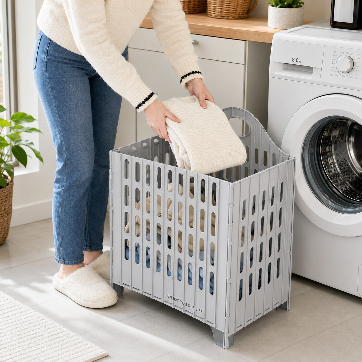 Foldable Plastic Laundry Hamper – Ventilated Collapsible Clothes Basket with Built-In Handles