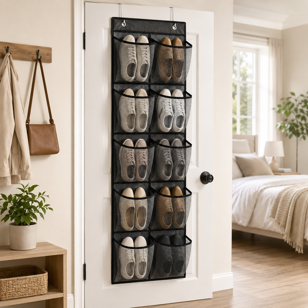 12-Pocket Over-the-Door Shoe Organizer – Mesh Hanging Shoe Rack with Hooks for Bedroom & Closet