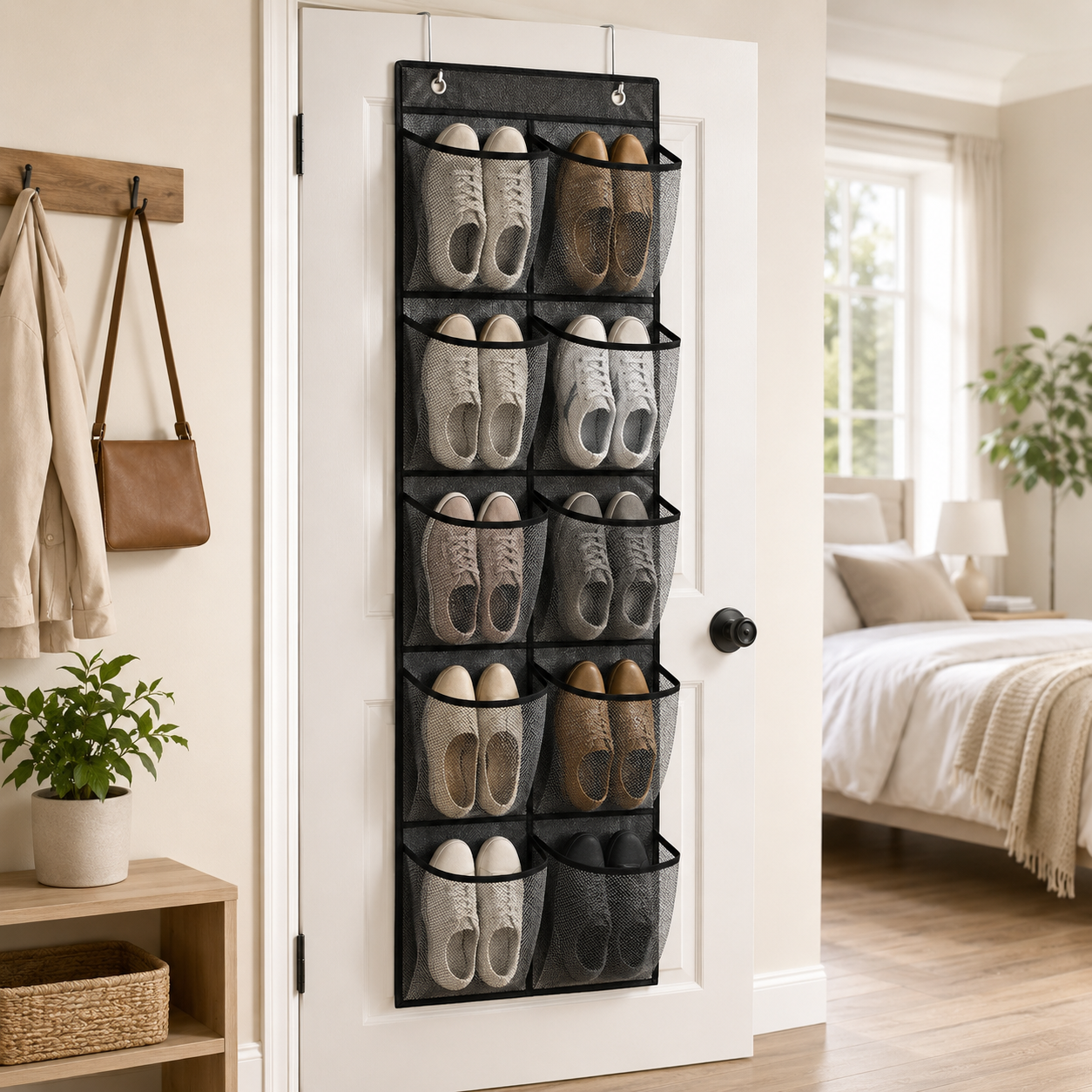 12-Pocket Over-the-Door Shoe Organizer – Mesh Hanging Shoe Rack with Hooks for Bedroom & Closet