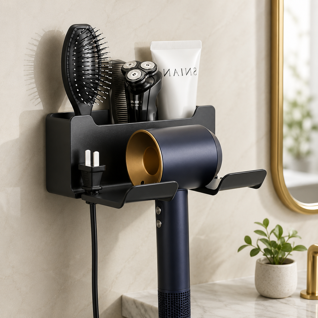 Wall-Mount Hair Dryer Holder – Suction Bathroom Organizer for Hair Dryers & Styling Tools