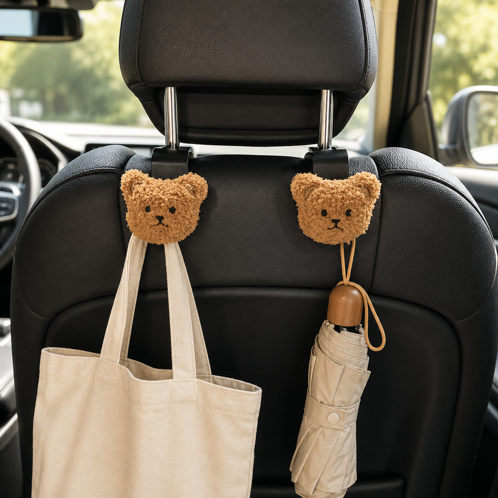 2-Piece Bear Car Headrest Hooks – Seat-Back Hangers for Grocery Bags, Handbags & Storage