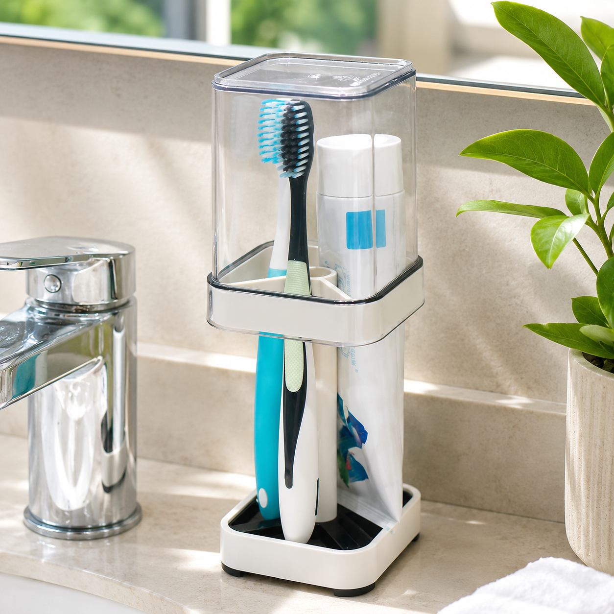 Covered Toothbrush Holder with Cup – Bathroom Toothbrush & Toothpaste Storage Organizer