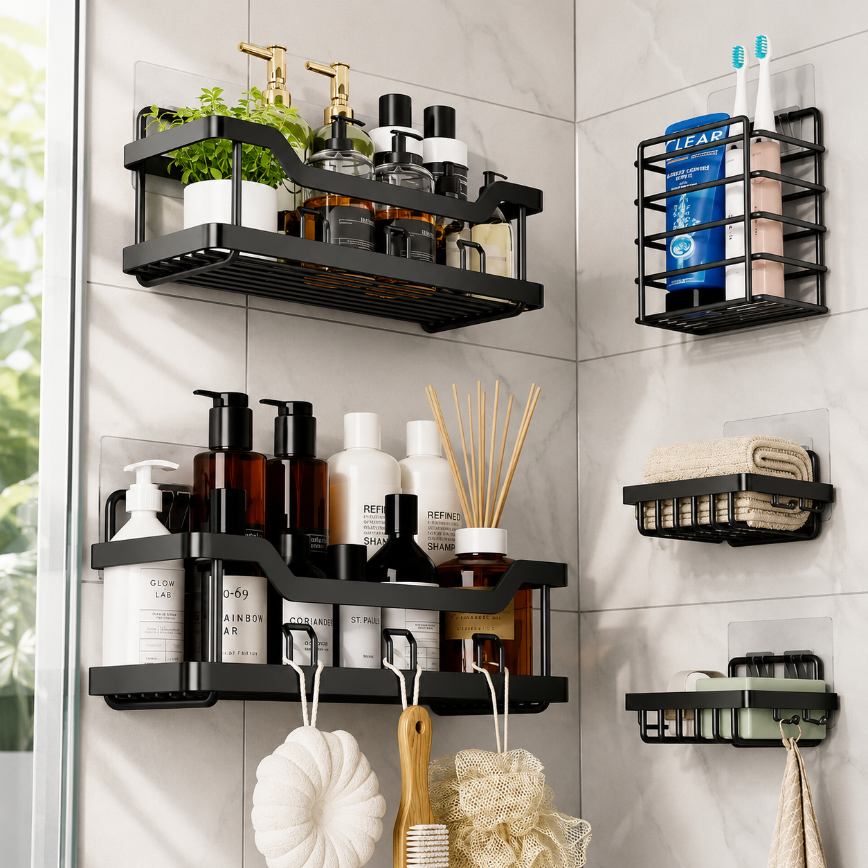 Adhesive Shower Organizer Set – No-Drill Stainless-Steel Bathroom Caddies & Storage Racks