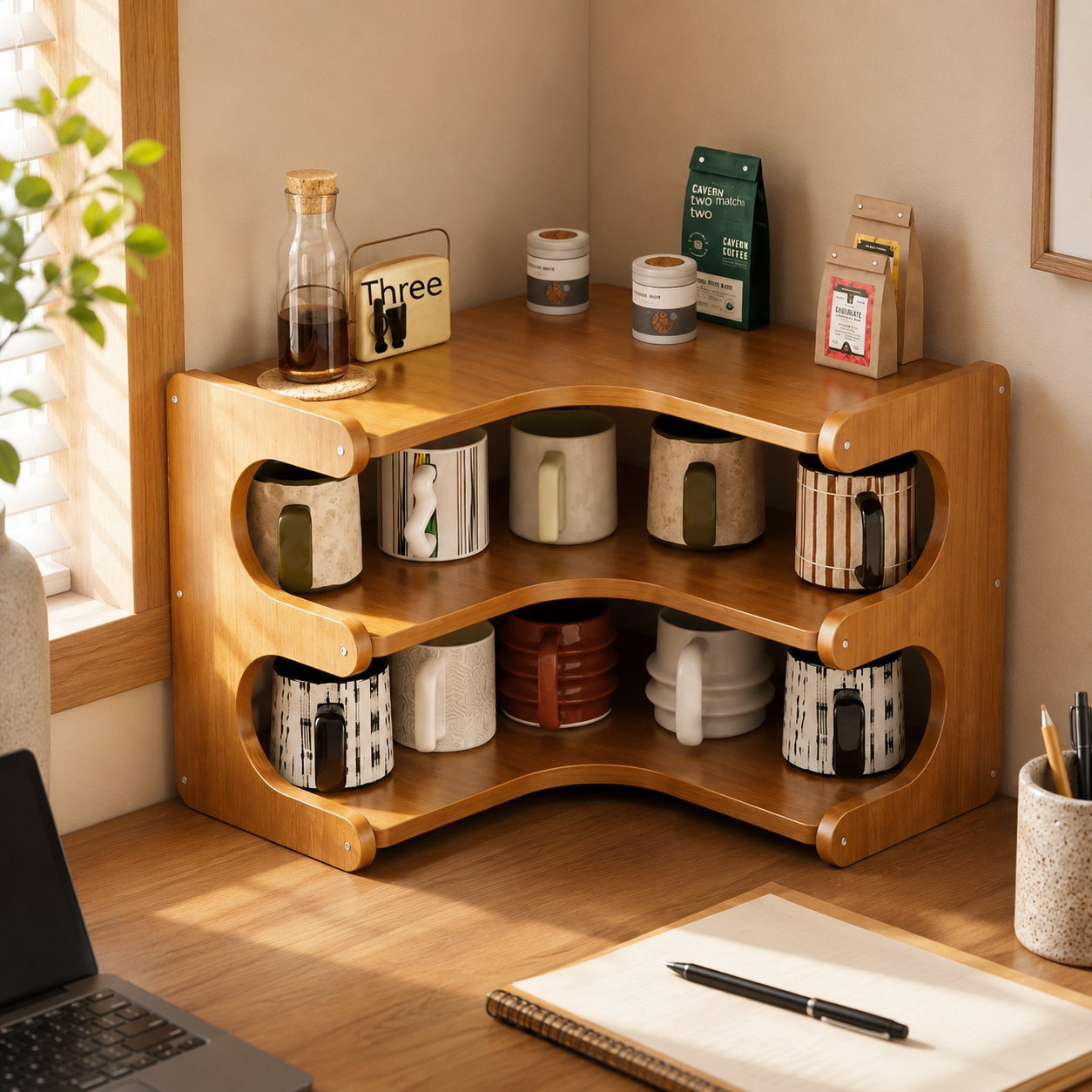Multi-Tier Bamboo Corner Desk Shelf – Natural Wood Organizer for Books, Plants & Stationery