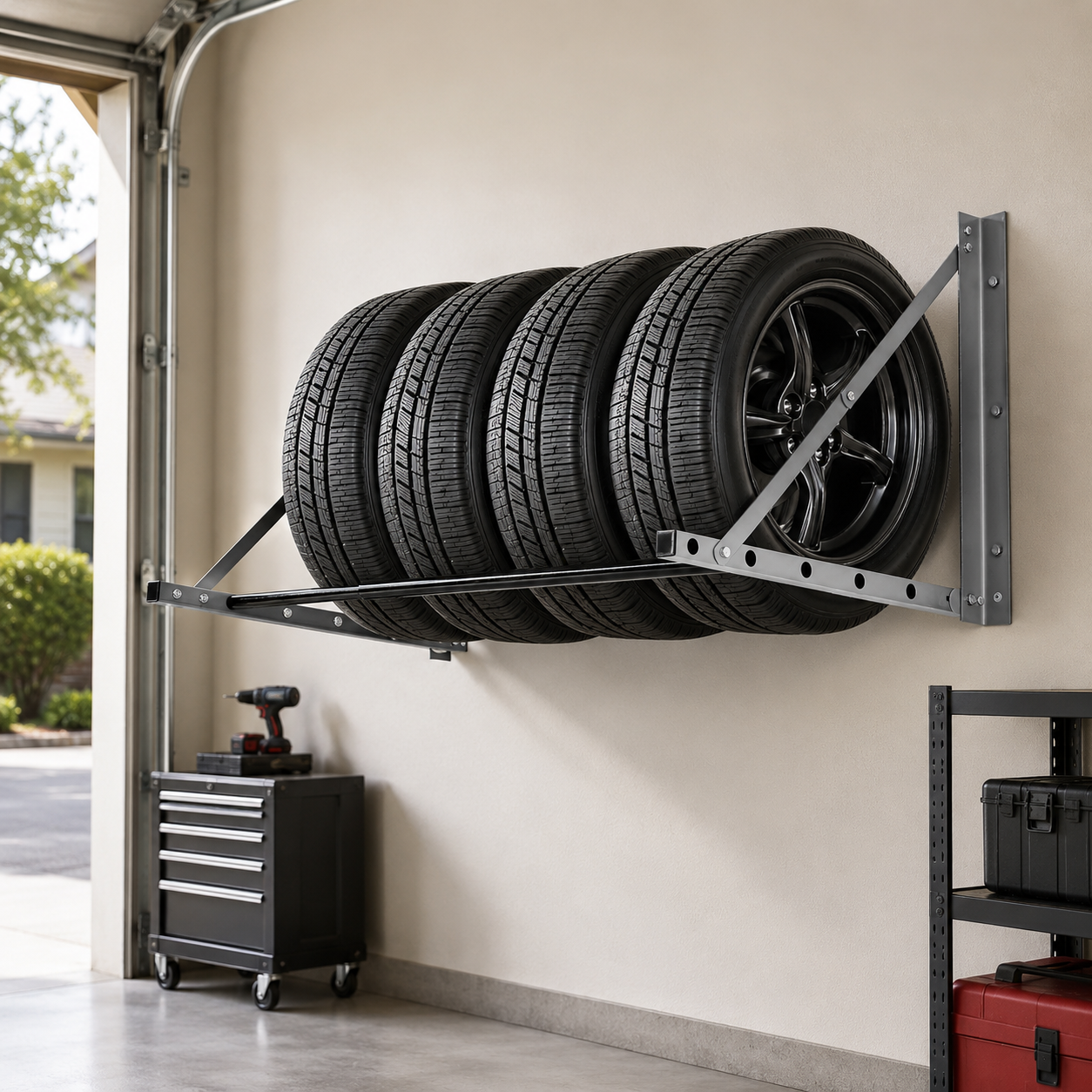 Adjustable Wall-Mounted Tire Rack – Folding Steel Garage & Workshop Tire Storage Organizer