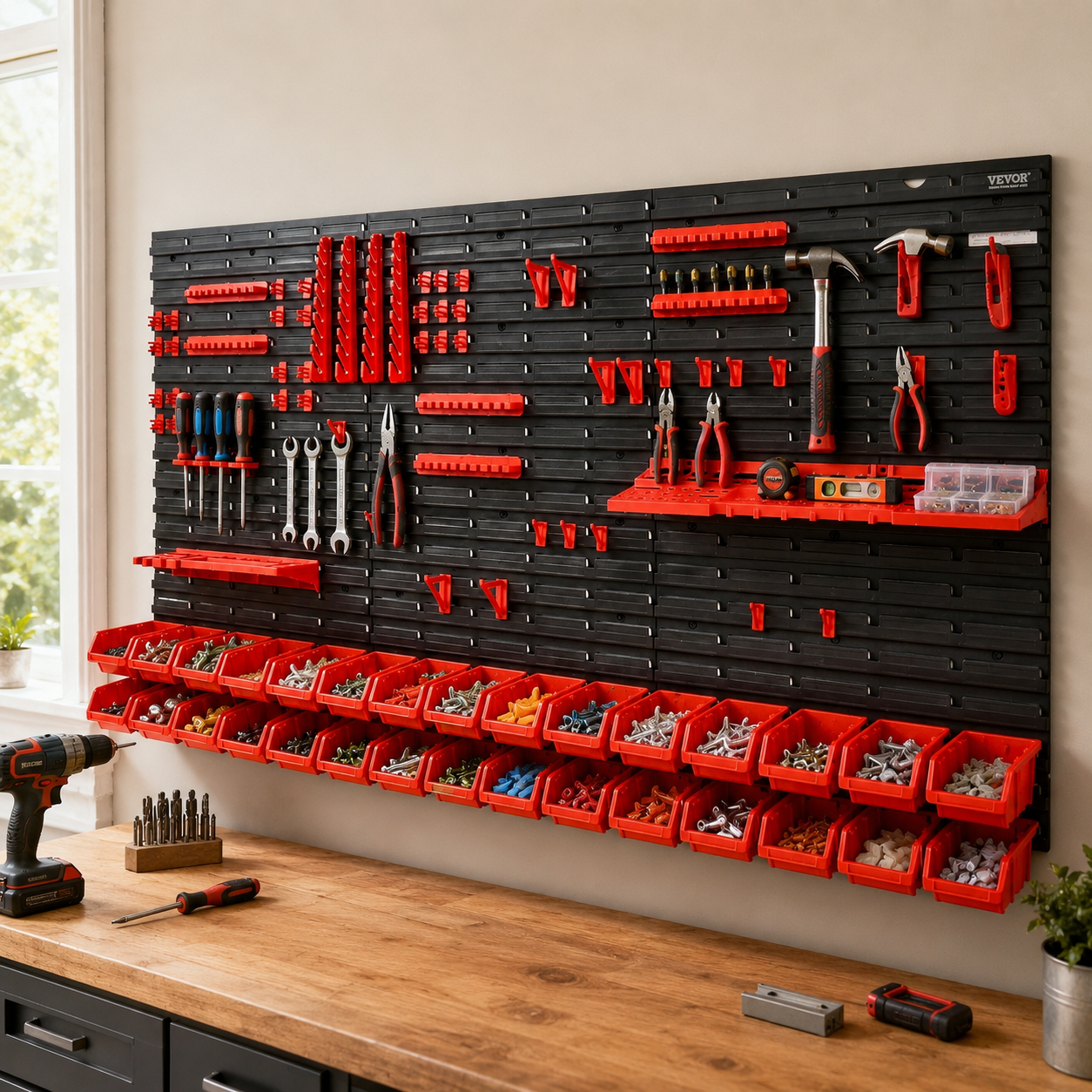 Wall-Mounted Storage Bin System – 48-Piece Parts Organizer with Panels, Hooks & Plastic Bins
