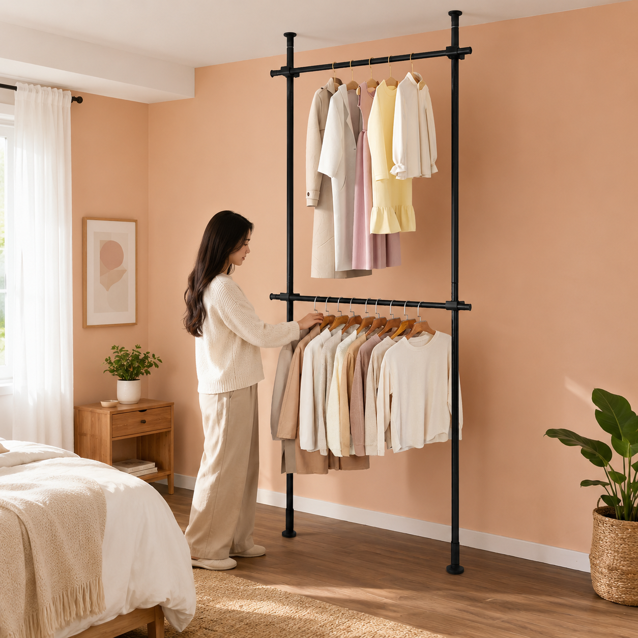 2-Tier Floor-to-Ceiling Clothes Rack – Adjustable Garment Organizer with Hanging Shelf