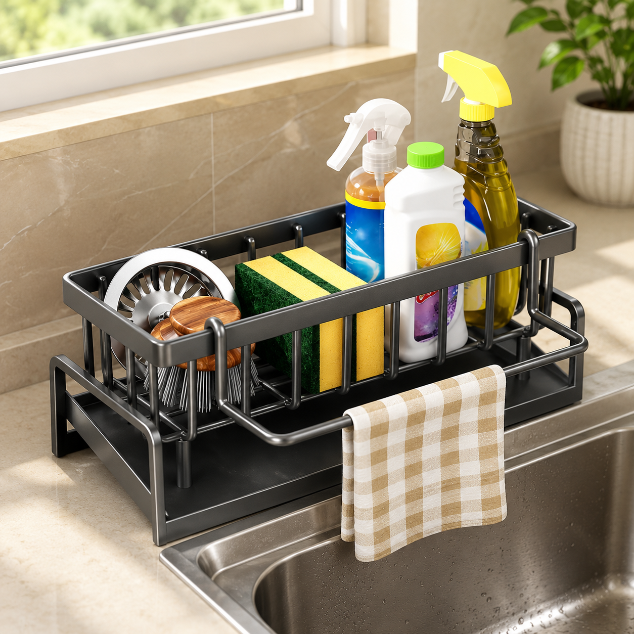 Carbon-Steel Kitchen Sink Organizer – Sponge, Brush & Soap Caddy with Tilted Drain Tray