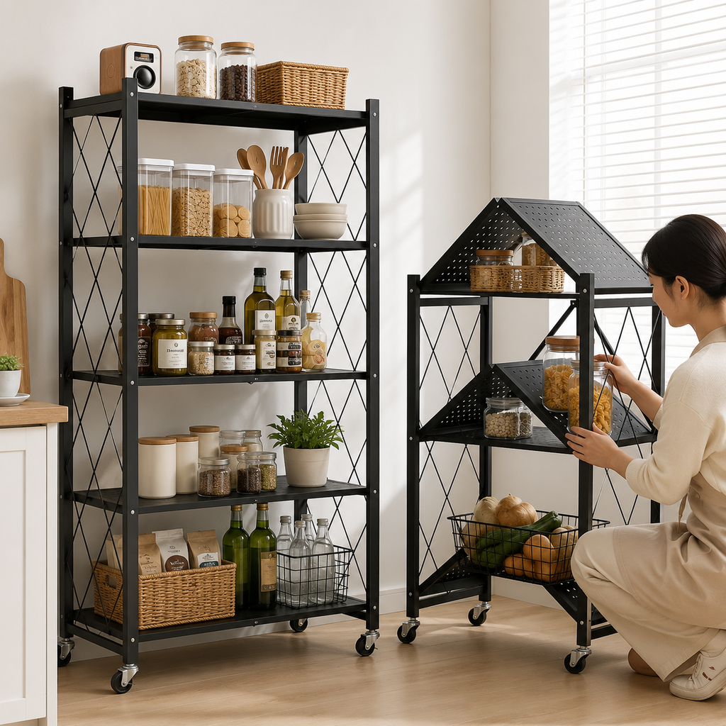 Heavy-Duty Foldable Metal Storage Rack with Wheels – Mobile 3, 4 or 5-Tier Organizer Shelf