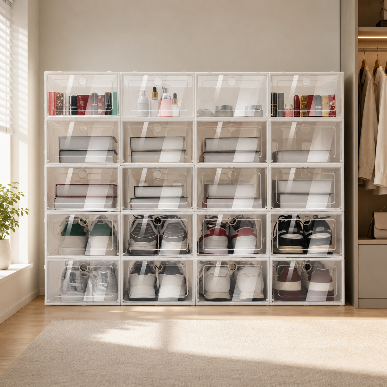 20-Pack Foldable Stackable Shoe Storage Boxes – Clear-Lid Sneaker Organizers for Closet & Bedroom