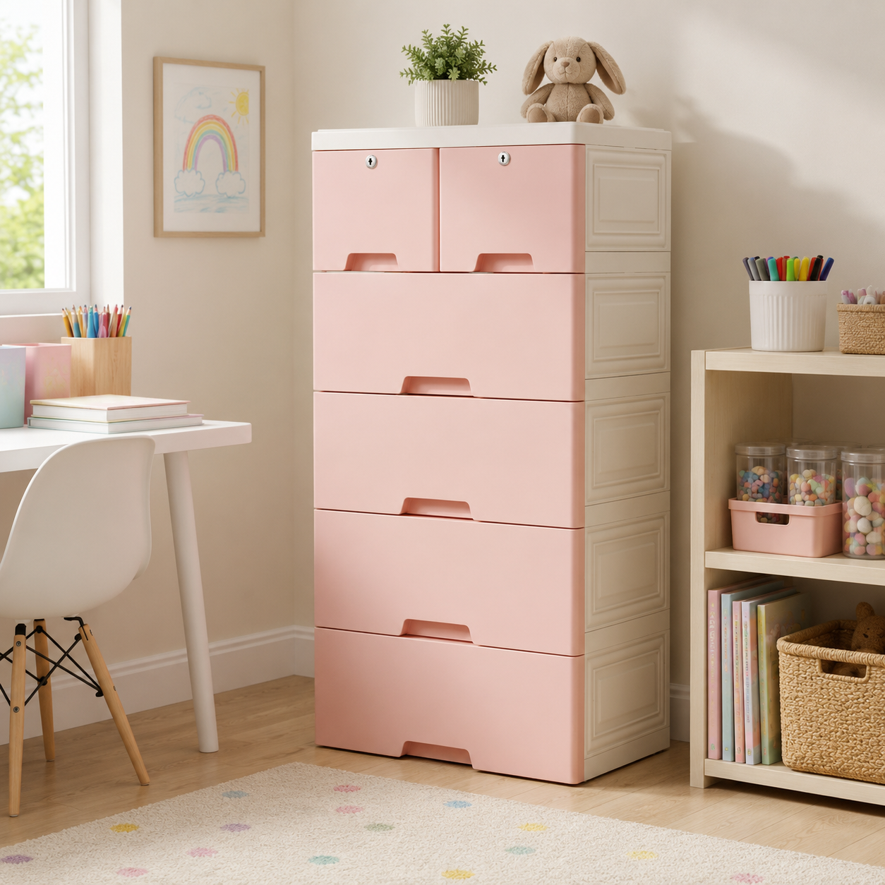 5-Tier Plastic Storage Cabinet – 6-Drawer Lockable Organizer for Bedroom, Closet & Living Room