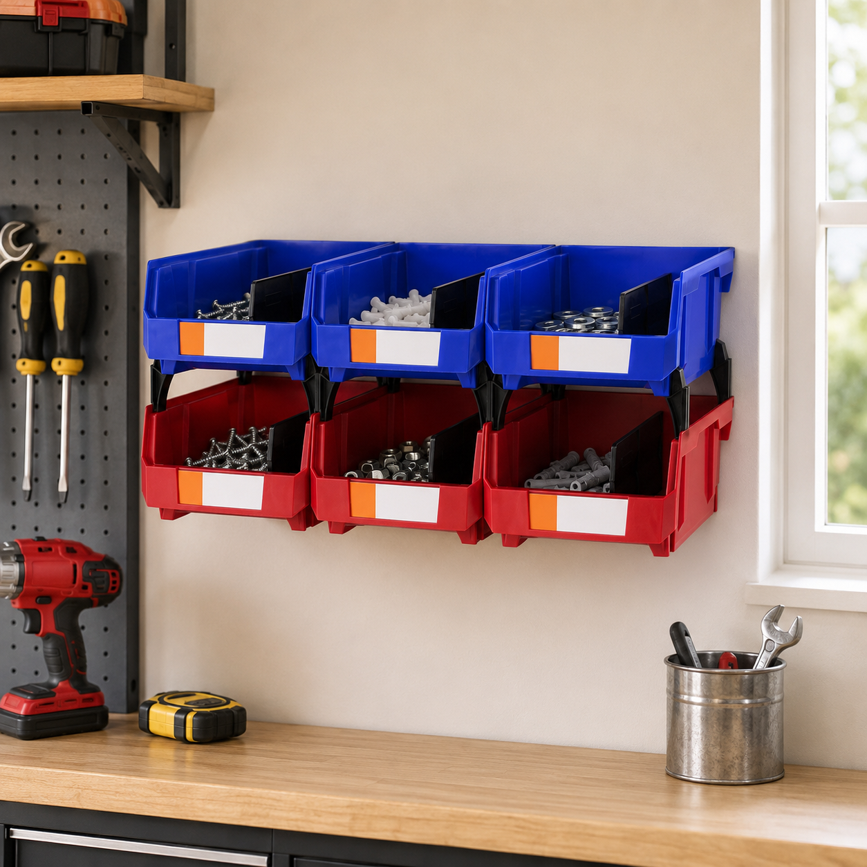 6-Piece Stackable Garage Storage Bin Set – Hanging Organizer Containers for Parts & Supplies