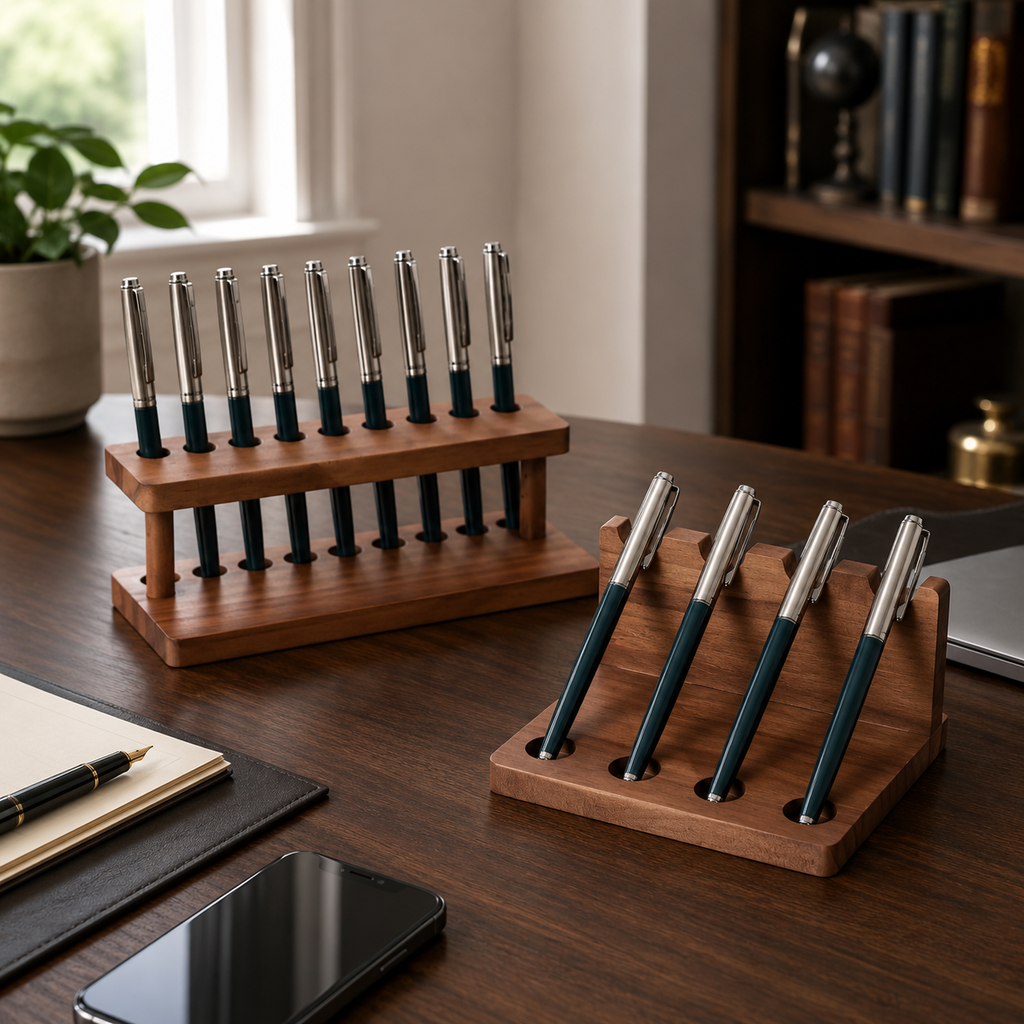 Walnut Wood Desk Organizer – Pen Holder, Phone Stand & Office Supply Storage Station