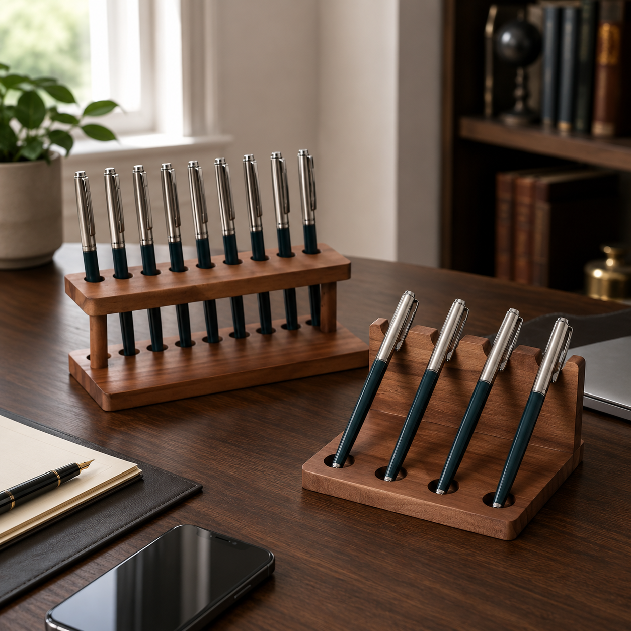 Walnut Wood Desk Organizer – Pen Holder, Phone Stand & Office Supply Storage Station