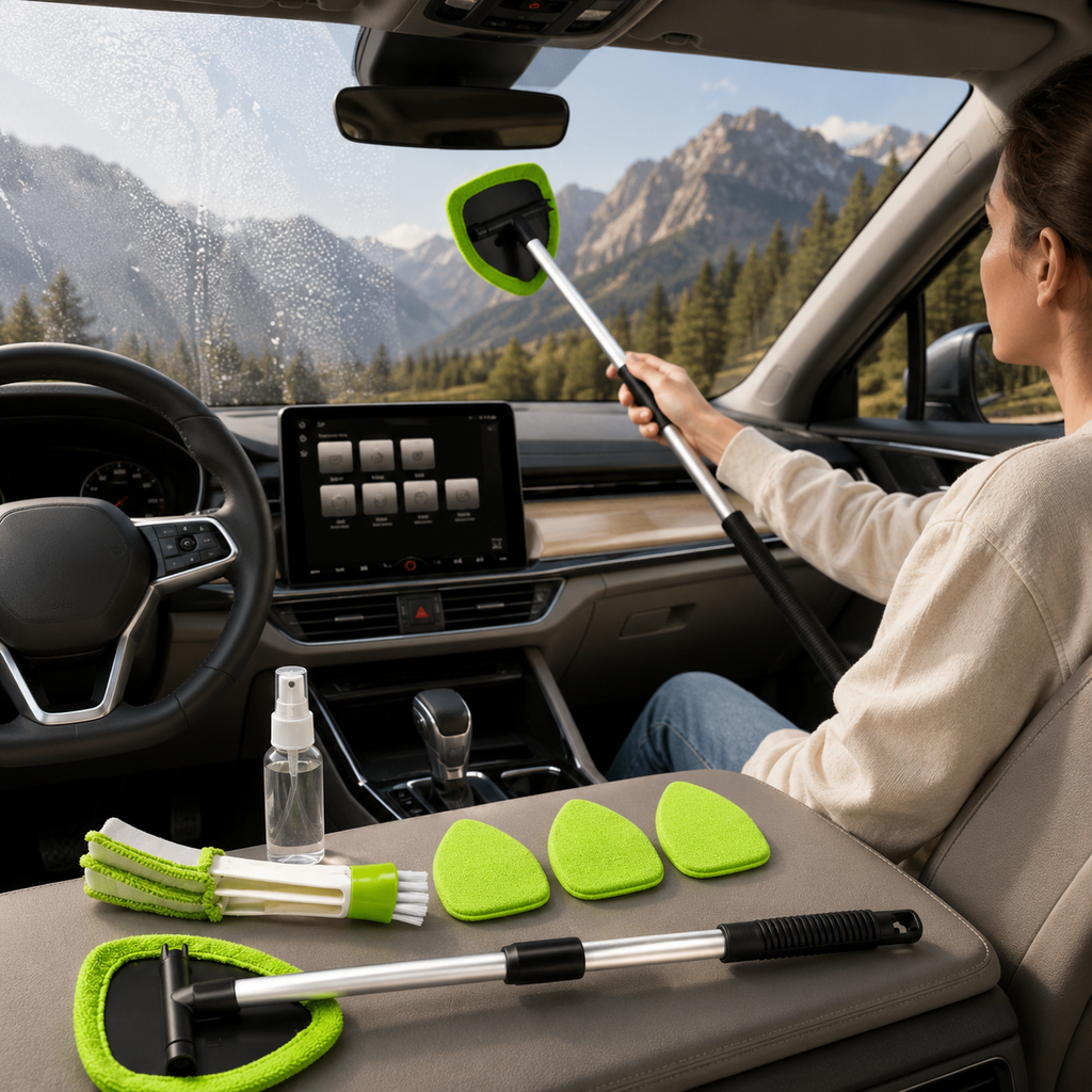 9-Piece Windshield Cleaner Tool Set – Extendable Car Window Brush with 6 Microfiber Pads