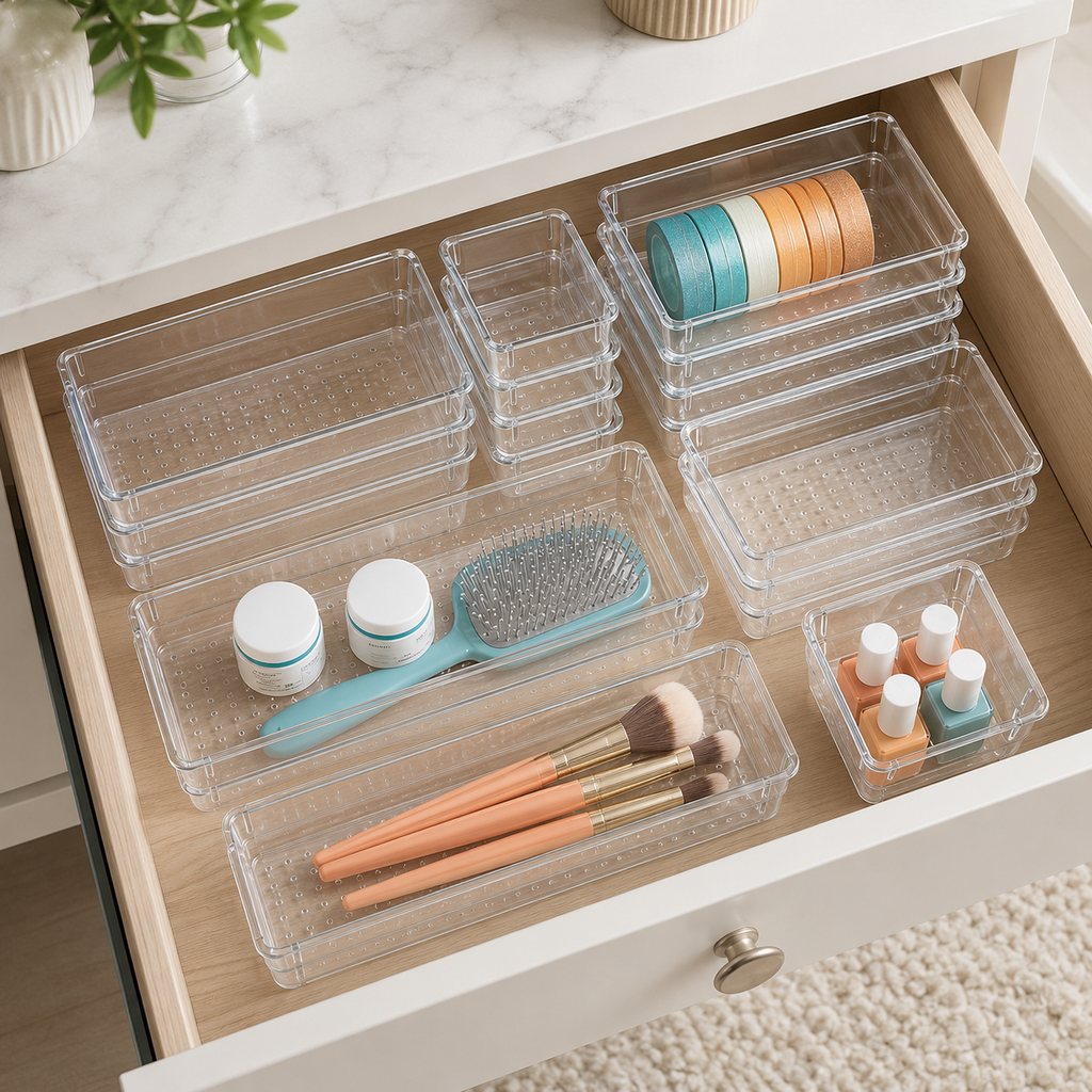 44-Piece Clear Drawer Organizer Set – Plastic Divider Bins for Kitchen, Bathroom, Office & Vanity