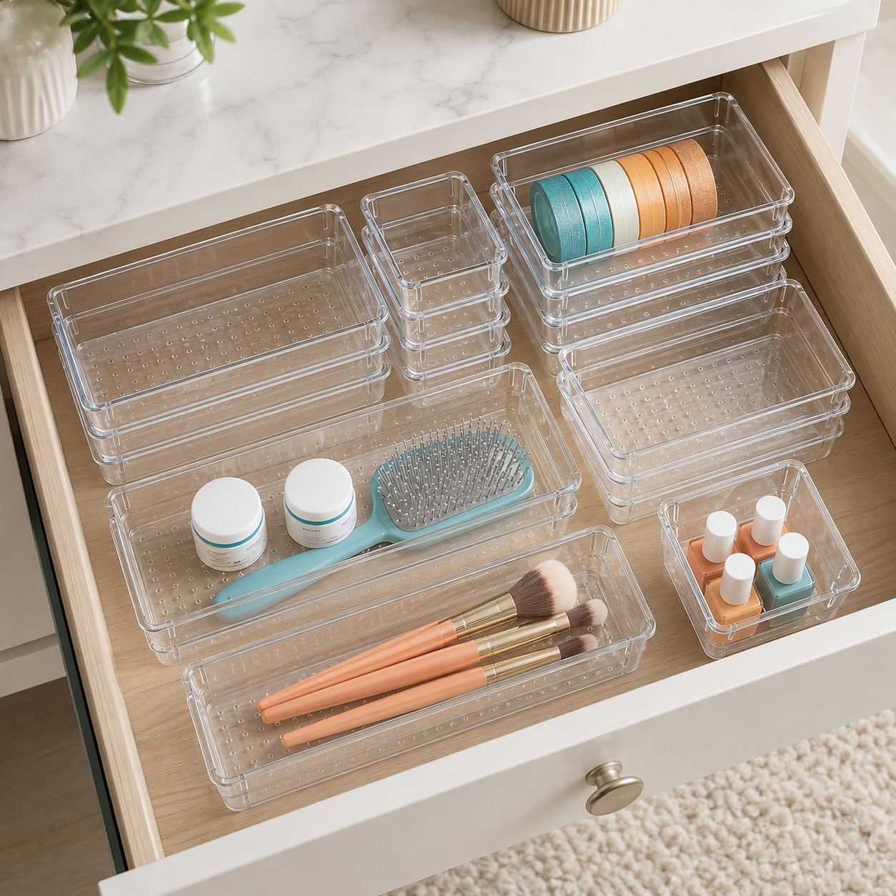 44-Piece Clear Drawer Organizer Set – Plastic Divider Bins for Kitchen, Bathroom, Office & Vanity