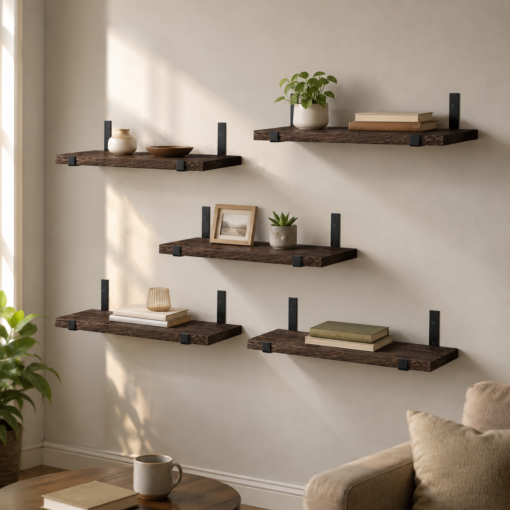 5-Piece Floating Wall Shelf Set – Wood Display Shelves with Iron Frames for Home Storage & Decor