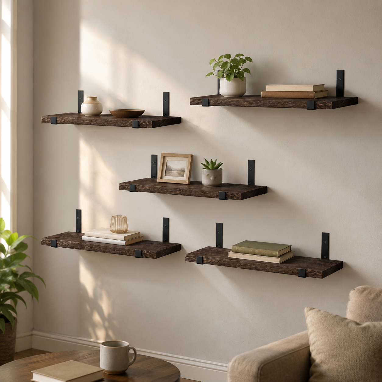 5-Piece Floating Wall Shelf Set – Wood Display Shelves with Iron Frames for Home Storage & Decor