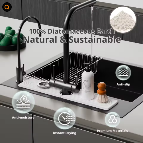 Quick-Dry Diatomaceous Stone Sink Tray, 7.87 x 4 in White Countertop Organizer