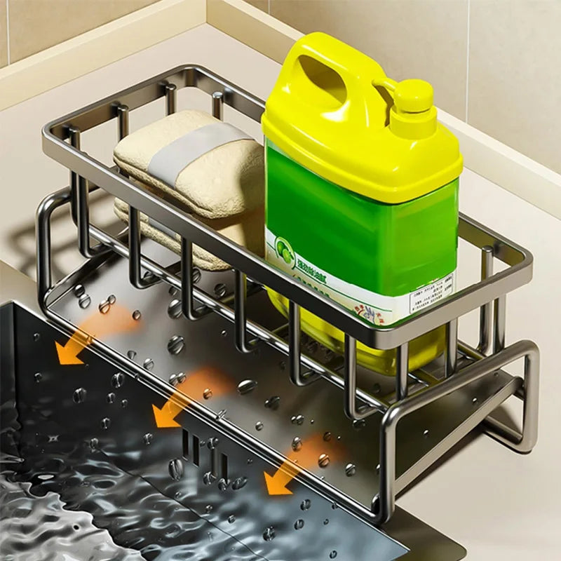 Carbon-Steel Kitchen Sink Organizer – Sponge, Brush & Soap Caddy with Tilted Drain Tray