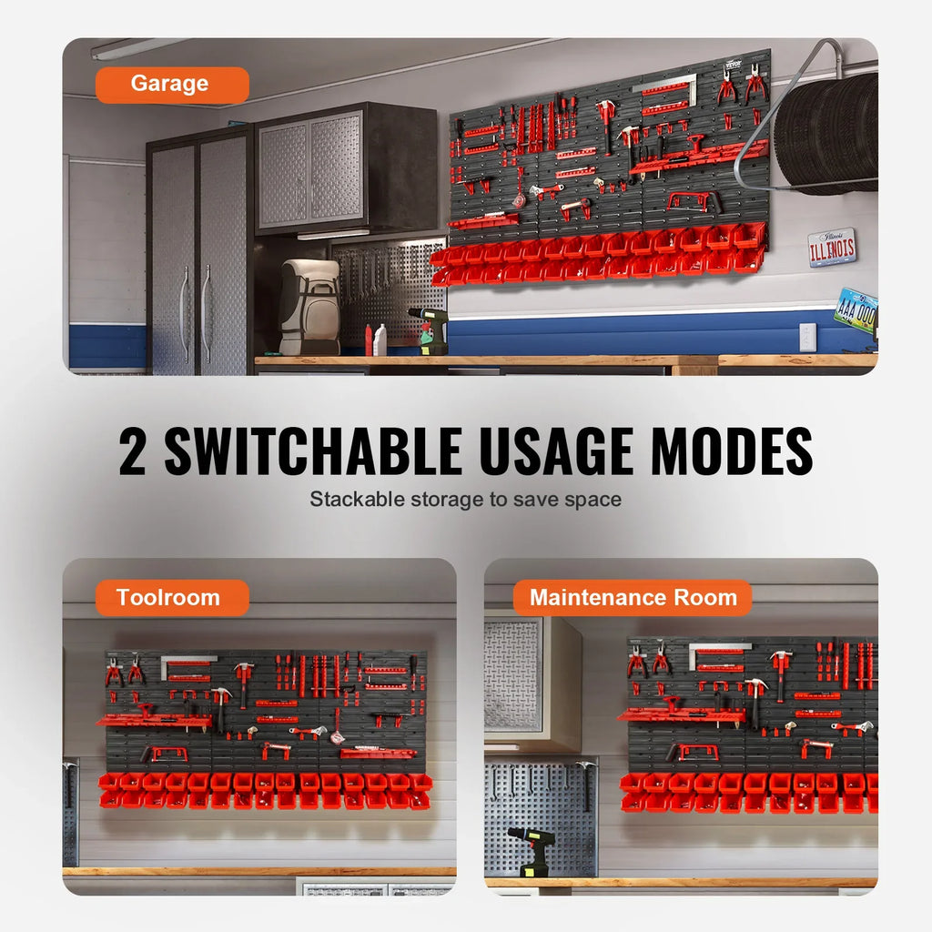 Wall-Mounted Storage Bin System – 48-Piece Parts Organizer with Panels, Hooks & Plastic Bins