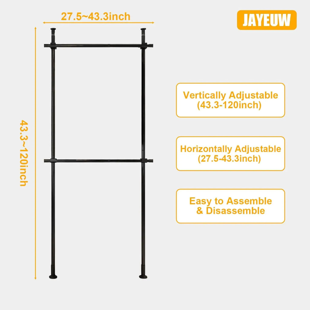 2-Tier Floor-to-Ceiling Clothes Rack – Adjustable Garment Organizer with Hanging Shelf