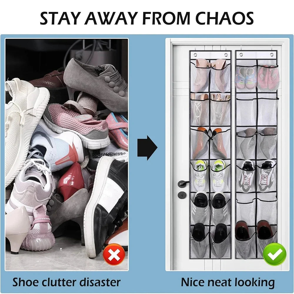 12-Pocket Over-the-Door Shoe Organizer – Mesh Hanging Shoe Rack with Hooks for Bedroom & Closet