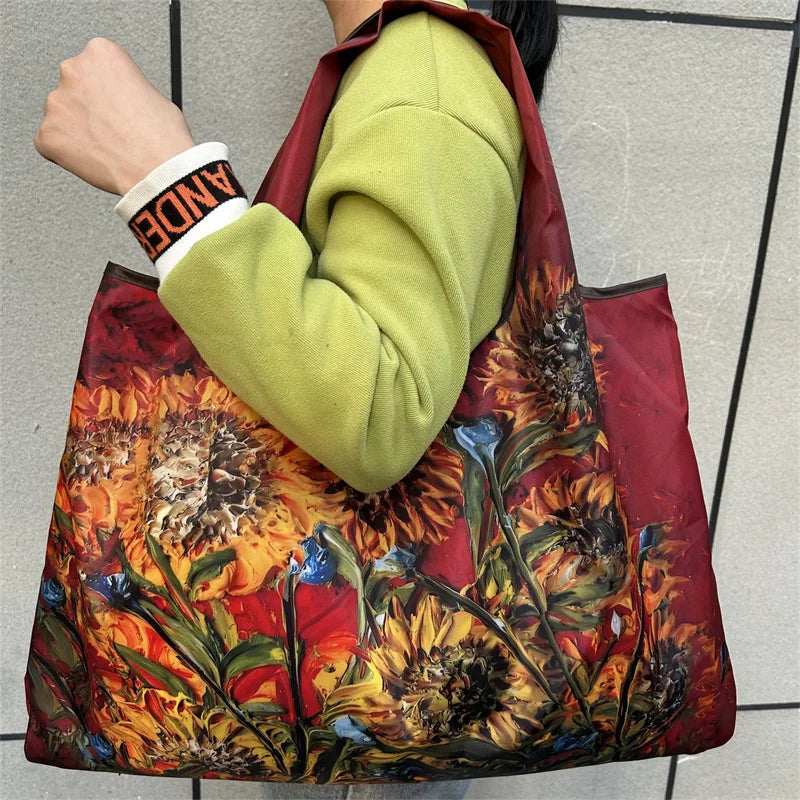 Flower Print Foldable Shopping Bag – Reusable Large Tote, Shoulder Bag & Travel Beach Carryall