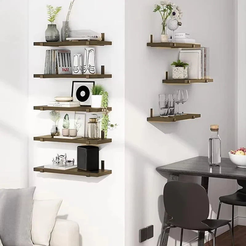 5-Piece Floating Wall Shelf Set – Wood Display Shelves with Iron Frames for Home Storage & Decor