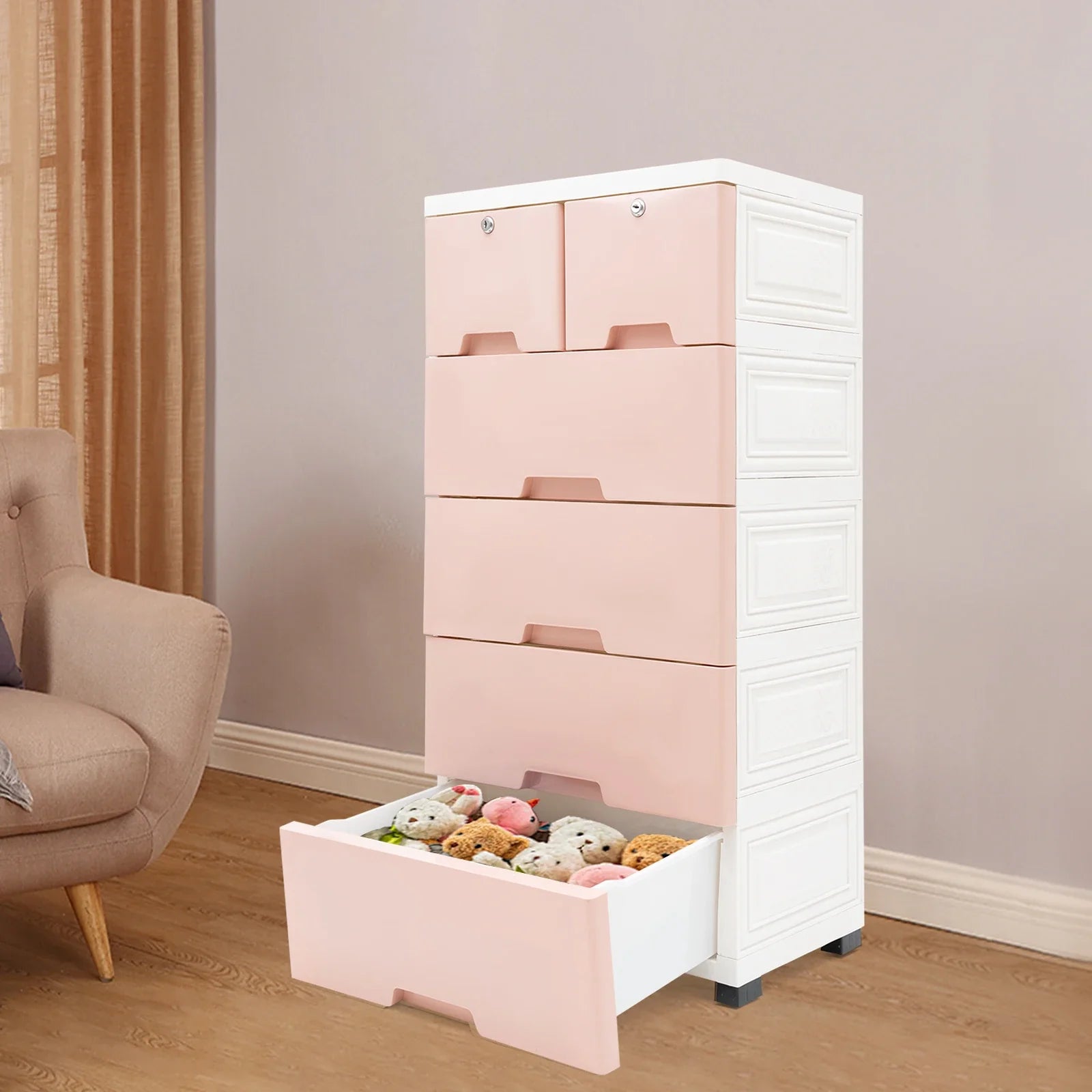 5-Tier Plastic Storage Cabinet – 6-Drawer Lockable Organizer for Bedroom, Closet & Living Room