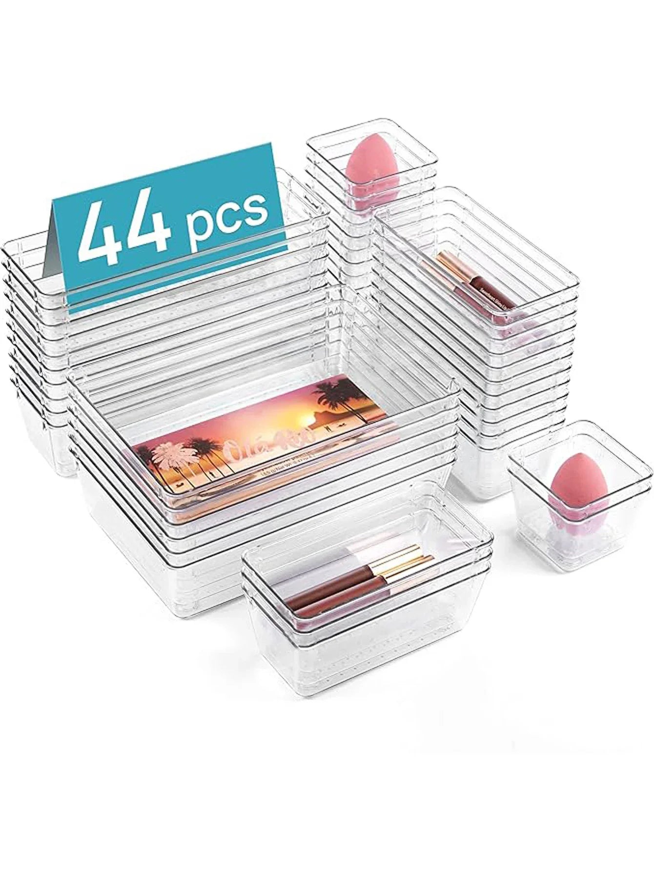 44-Piece Clear Drawer Organizer Set – Plastic Divider Bins for Kitchen, Bathroom, Office & Vanity