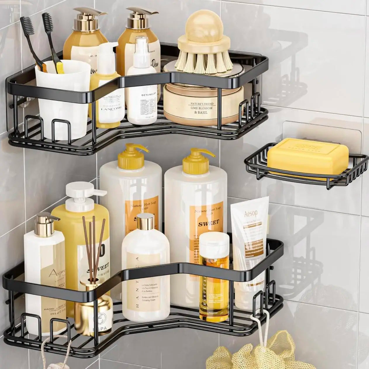 Adhesive Shower Organizer Set – No-Drill Stainless-Steel Bathroom Caddies & Storage Racks