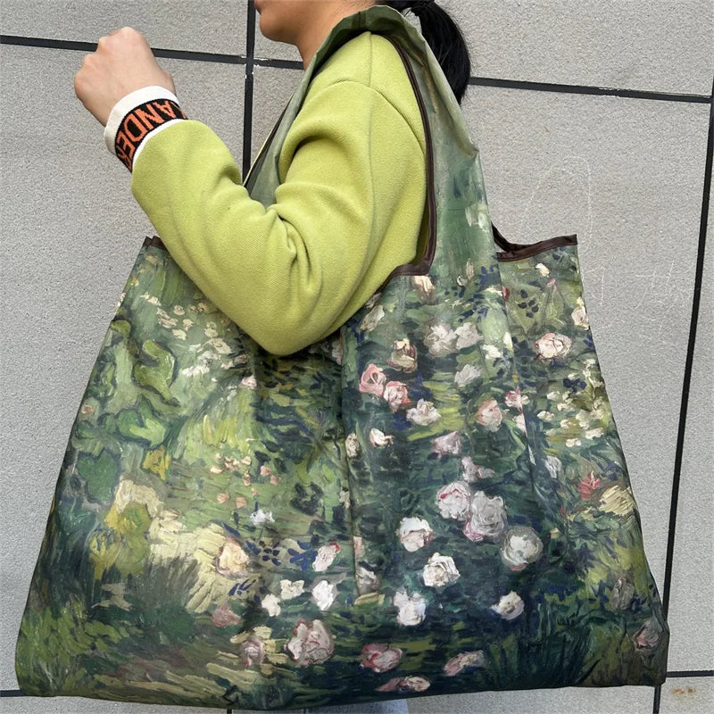 Flower Print Foldable Shopping Bag – Reusable Large Tote, Shoulder Bag & Travel Beach Carryall