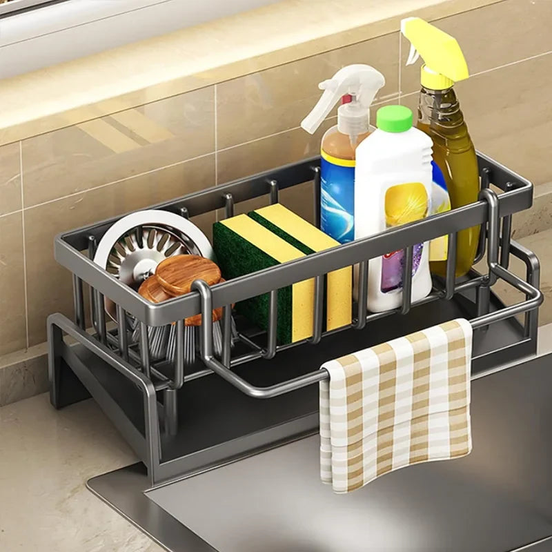 Carbon-Steel Kitchen Sink Organizer – Sponge, Brush & Soap Caddy with Tilted Drain Tray