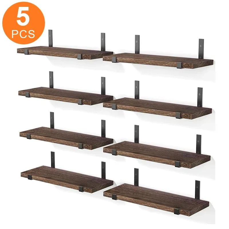 5-Piece Floating Wall Shelf Set – Wood Display Shelves with Iron Frames for Home Storage & Decor