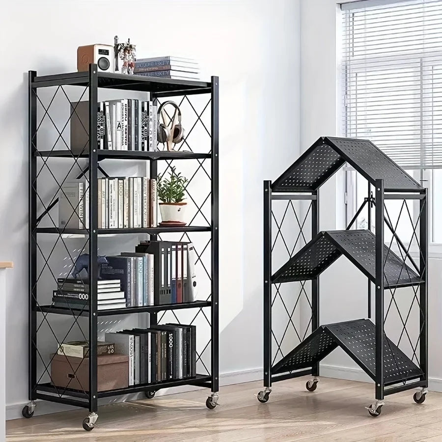 Heavy-Duty Foldable Metal Storage Rack with Wheels – Mobile 3, 4 or 5-Tier Organizer Shelf