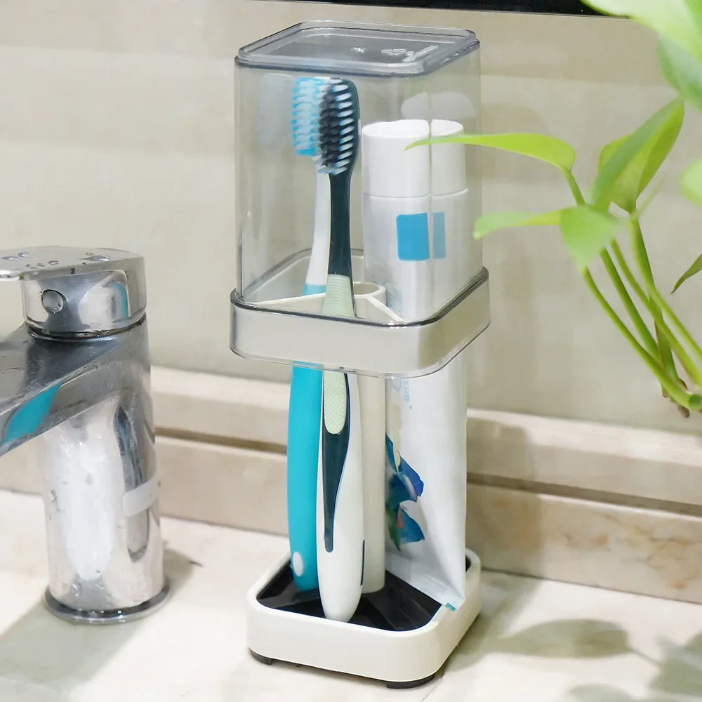 Covered Toothbrush Holder with Cup – Bathroom Toothbrush & Toothpaste Storage Organizer