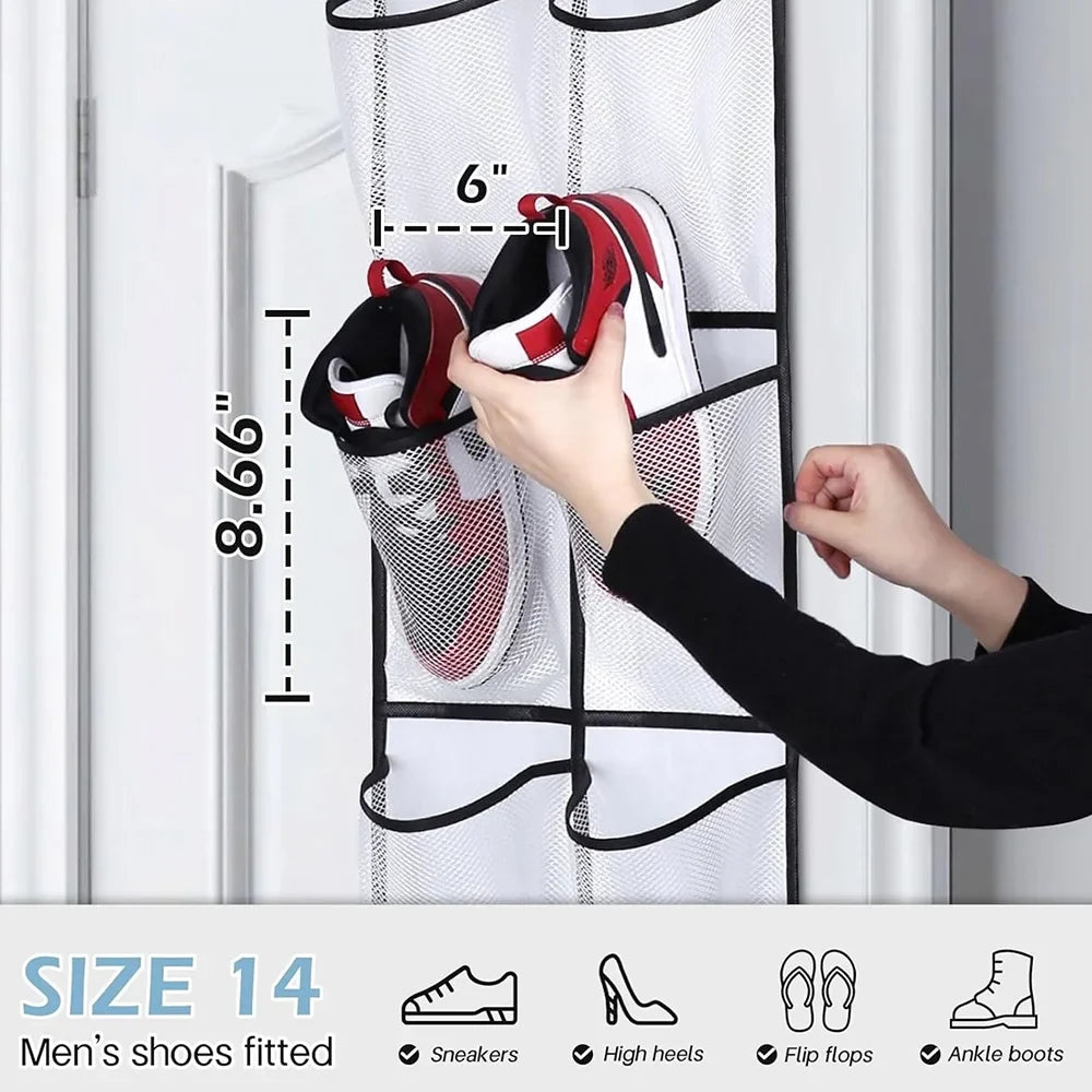 12-Pocket Over-the-Door Shoe Organizer – Mesh Hanging Shoe Rack with Hooks for Bedroom & Closet