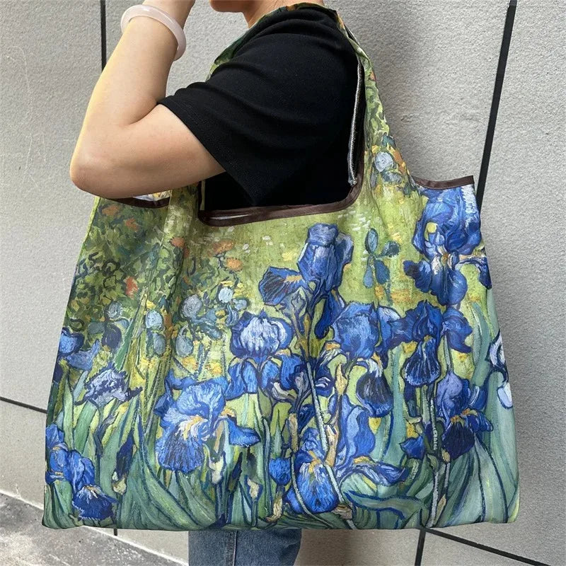 Flower Print Foldable Shopping Bag – Reusable Large Tote, Shoulder Bag & Travel Beach Carryall