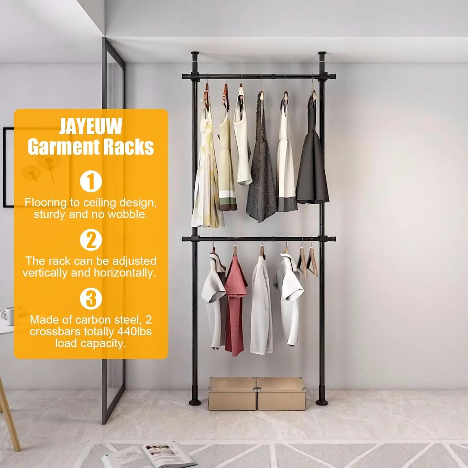 2-Tier Floor-to-Ceiling Clothes Rack – Adjustable Garment Organizer with Hanging Shelf