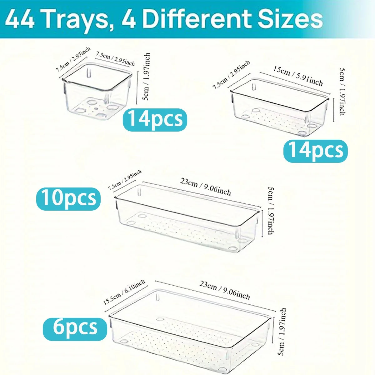 44-Piece Clear Drawer Organizer Set – Plastic Divider Bins for Kitchen, Bathroom, Office & Vanity