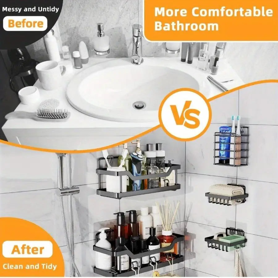 Adhesive Shower Organizer Set – No-Drill Stainless-Steel Bathroom Caddies & Storage Racks