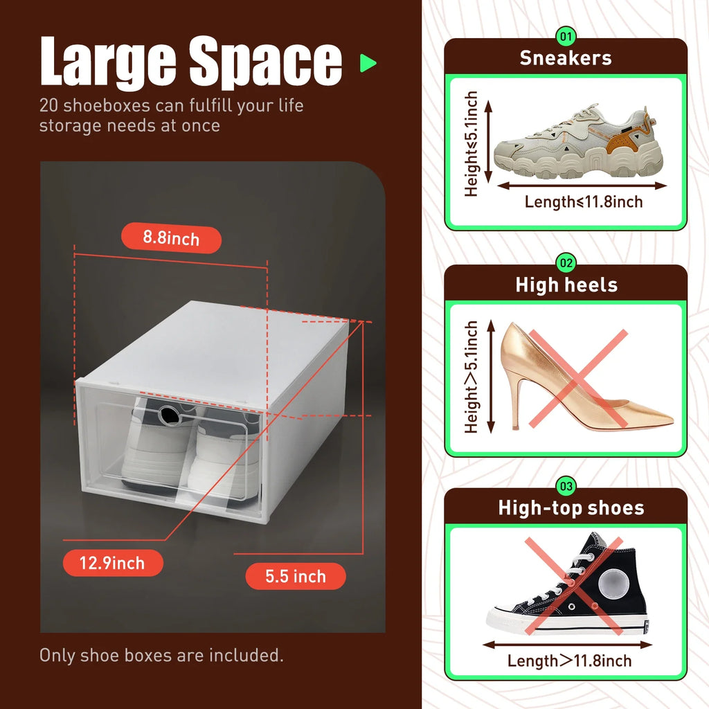 20-Pack Foldable Stackable Shoe Storage Boxes – Clear-Lid Sneaker Organizers for Closet & Bedroom