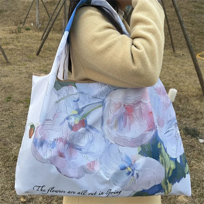 Flower Print Foldable Shopping Bag – Reusable Large Tote, Shoulder Bag & Travel Beach Carryall