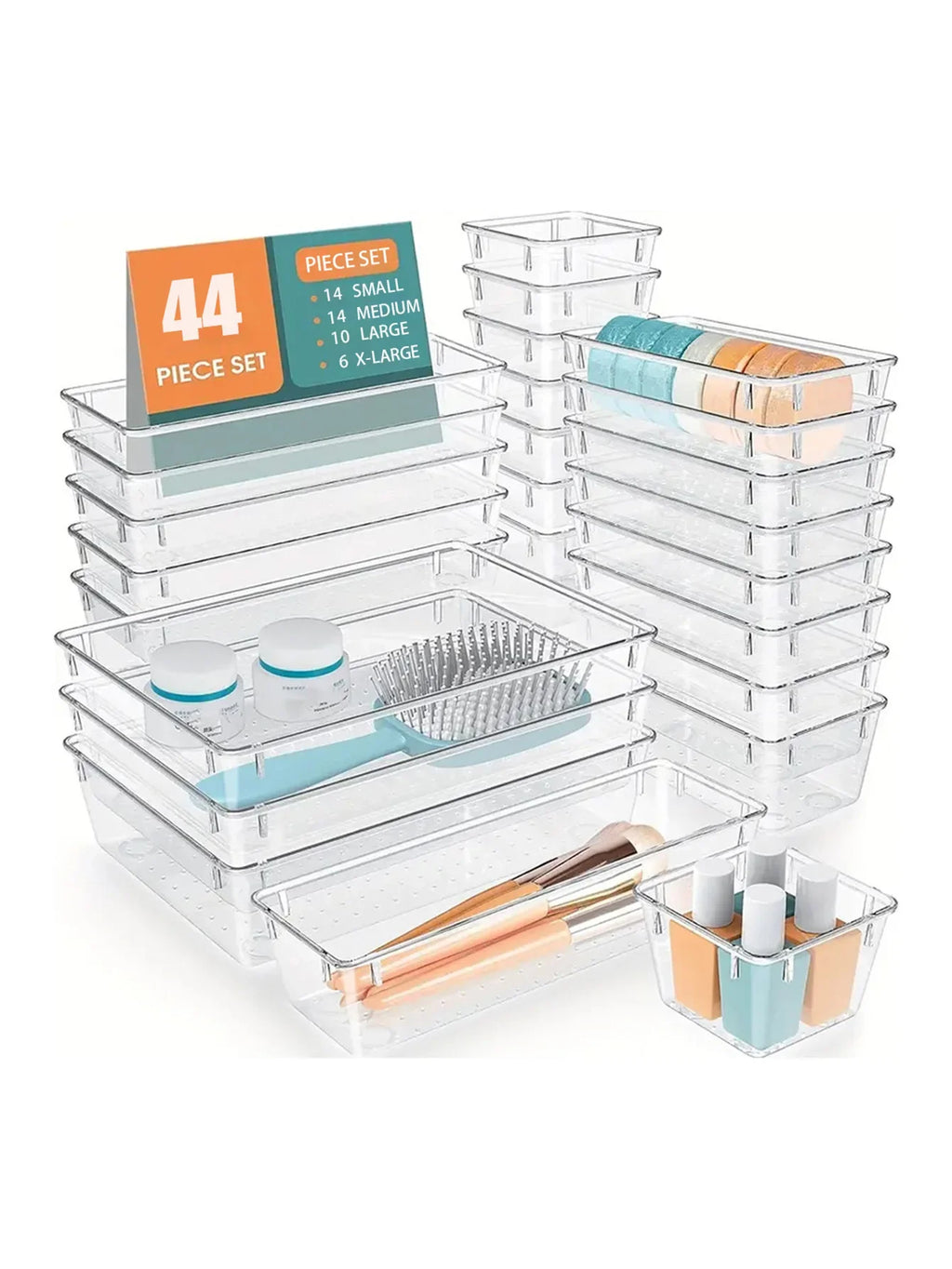 44-Piece Clear Drawer Organizer Set – Plastic Divider Bins for Kitchen, Bathroom, Office & Vanity