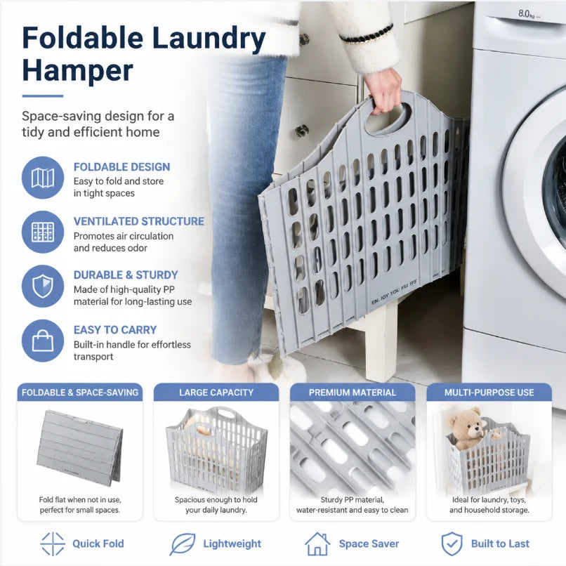 Foldable Plastic Laundry Hamper – Ventilated Collapsible Clothes Basket with Built-In Handles
