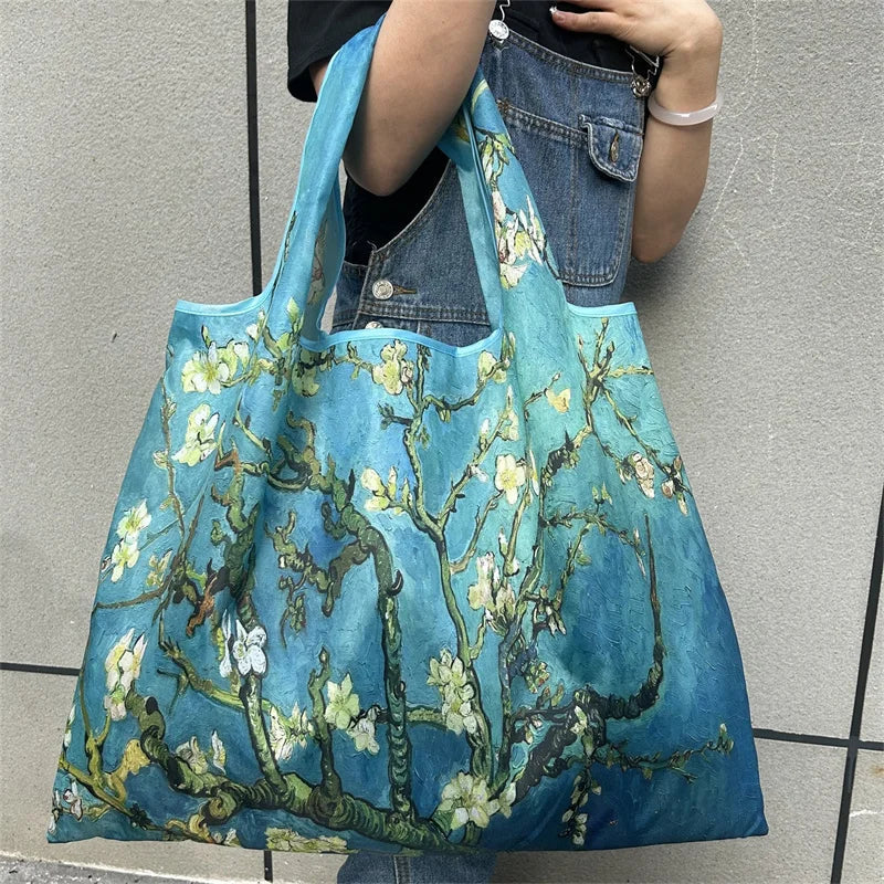 Flower Print Foldable Shopping Bag – Reusable Large Tote, Shoulder Bag & Travel Beach Carryall